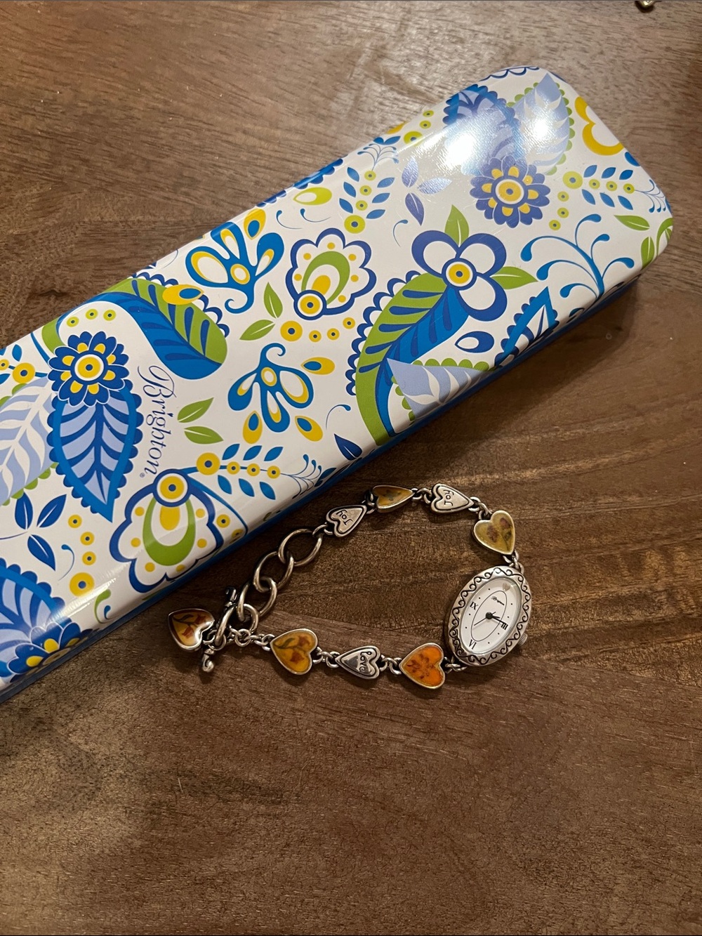 Brighton Heart Link Charm Watch Toggle Bracelet - Silver with Amber Hearts